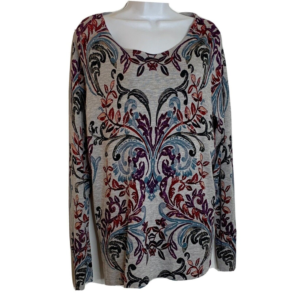 Chicos Sweater Womens 2 US L Multi Damask Scroll Lightweight Artsy Boho (09)